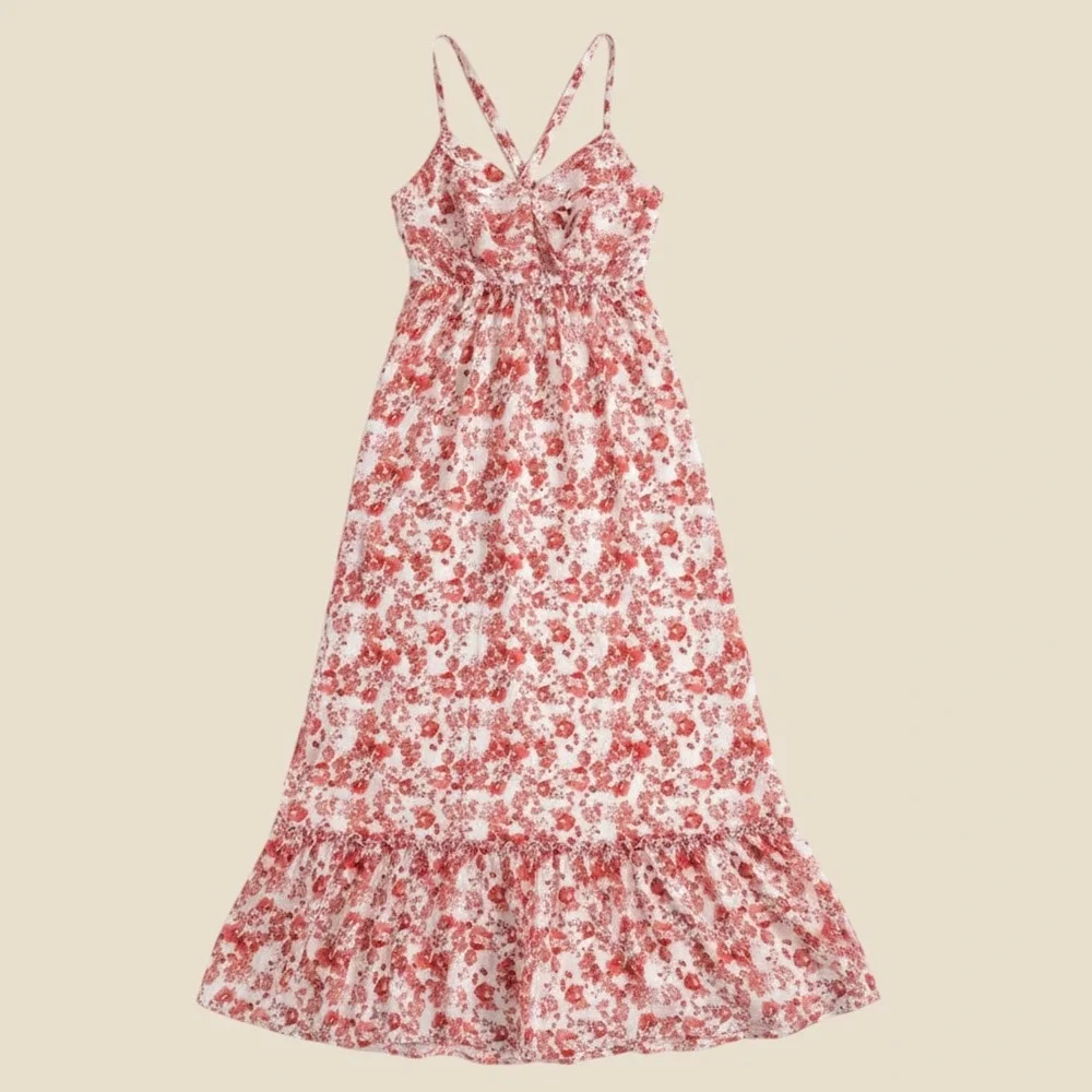 LULU'S Maxi Dress Red White V-Neck Ruffle Hem Sleeveless Backless Summer Gown - Picture 1 of 8